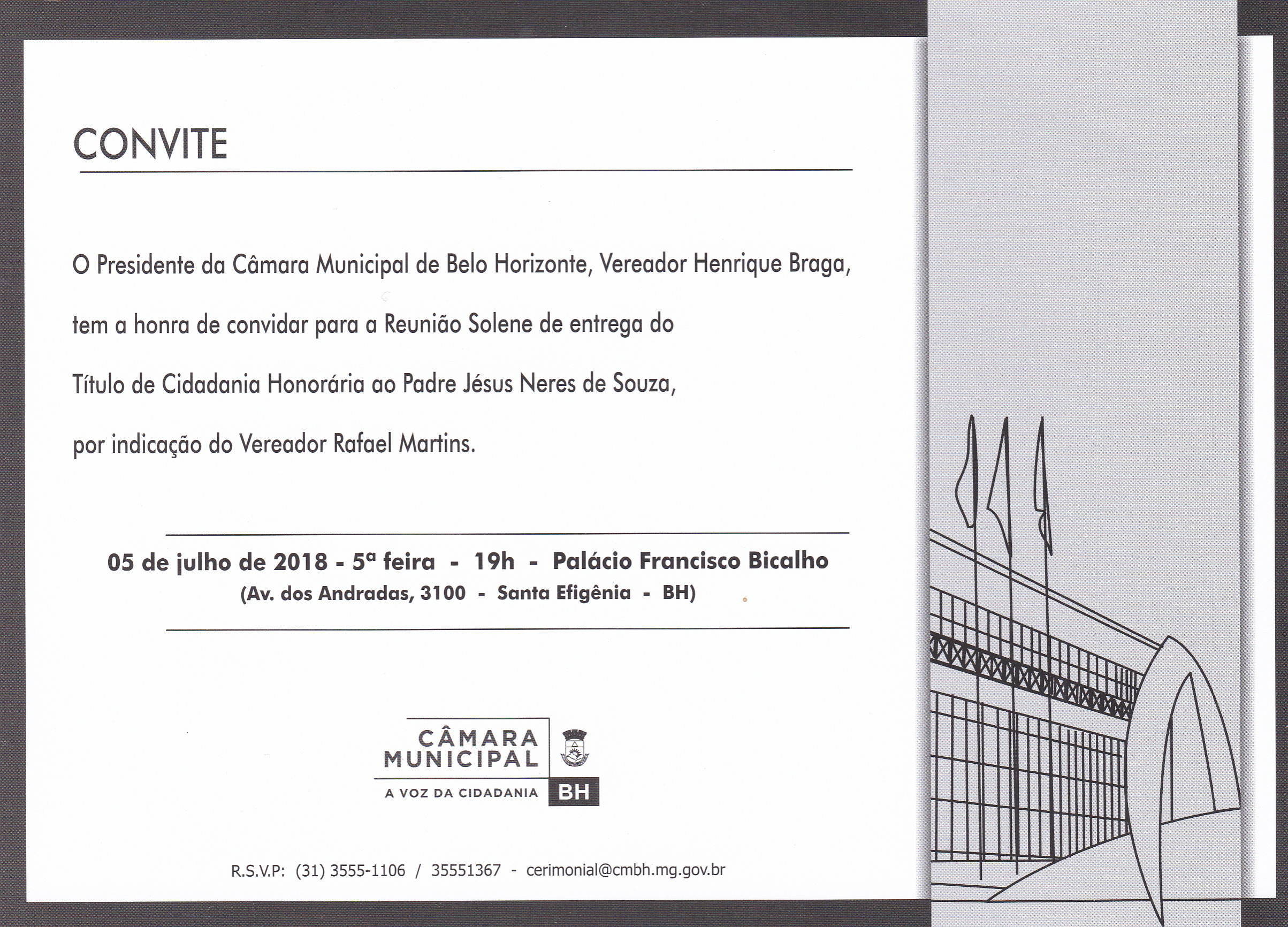 Padre Jésus Neres receberá hoje, dia 5 de julho de 2018  às 19 horas, o título de Cidadão Honorário de Belo Horizonte. Compareçam!