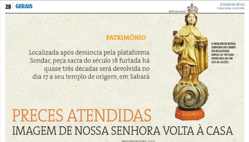 Destaque na mídia: Imagem de Nossa Senhora do Carmo, do século 18, retorna ao seu altar original, em Sabará