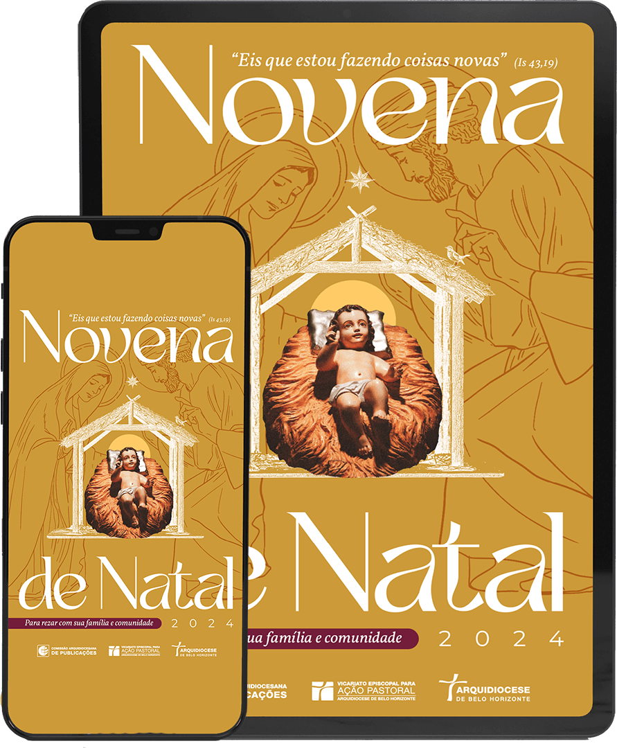 Ao lado direito um celular com a capa do livreto digital da Novena de Natal. Ao lado esquerdo um tablet também com a capa do livreto digital da Novena. A imagem da capa do livreto mostra um presépio com Maria à esquerda, Jesus Menino ao centro e José