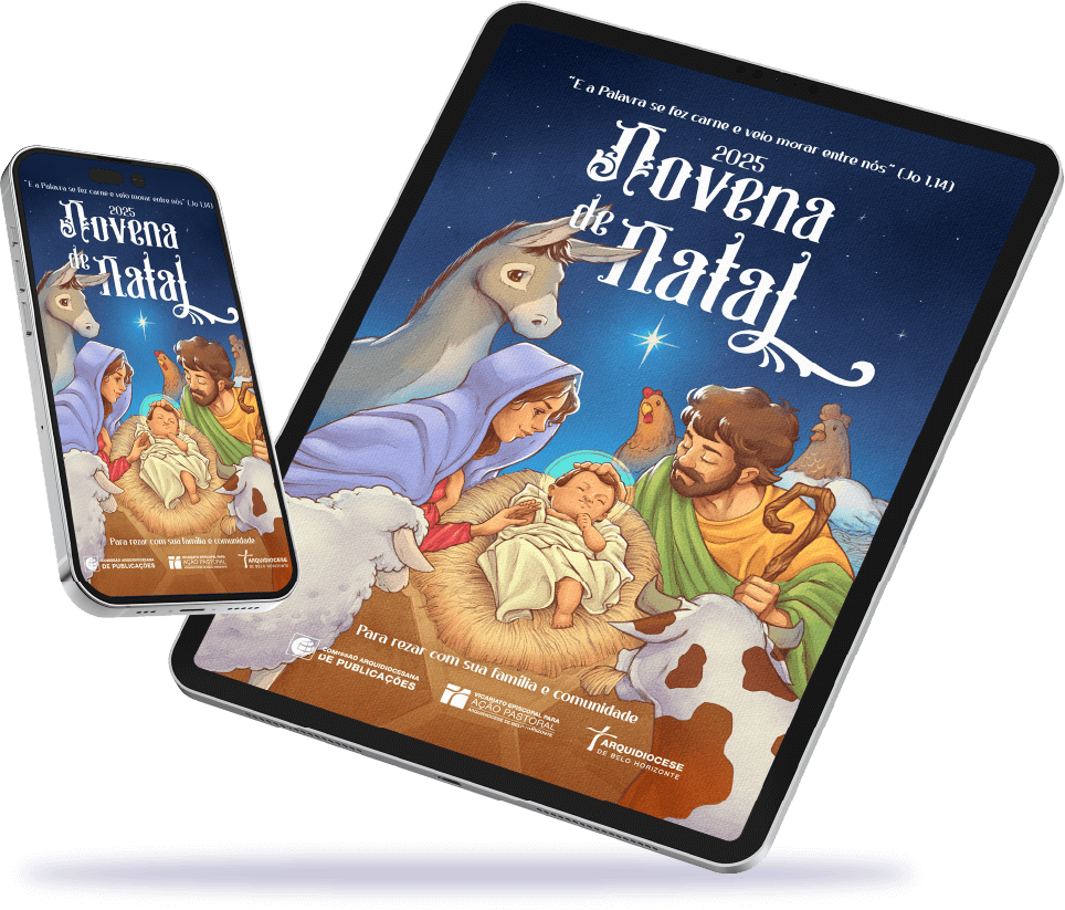 Celular e Tablet com o livreto digital da Novena de Natal 2025